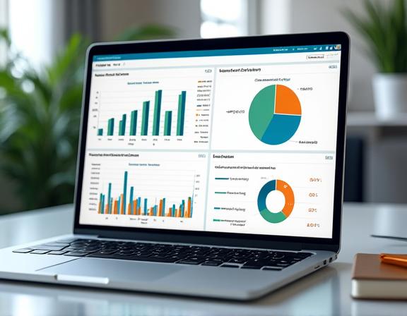 A laptop displaying a detailed analytics dashboard with charts and graphs.