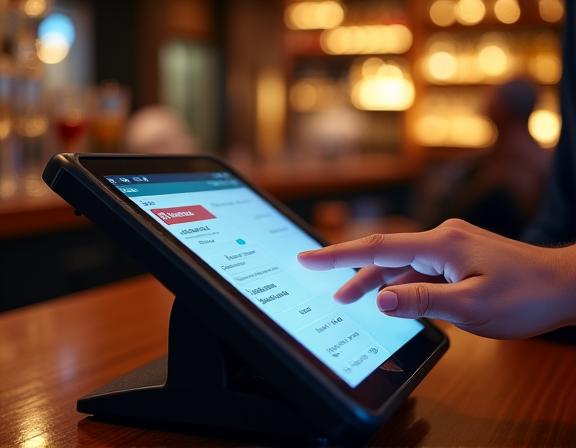A tablet-based POS system being used at a modern hotel restaurant bar.